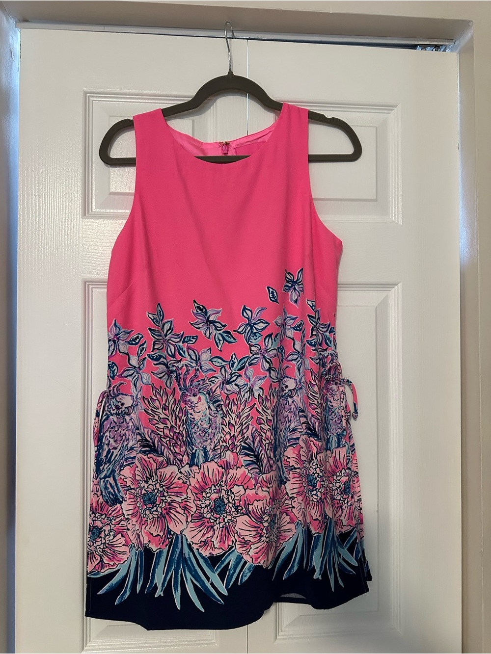 Lilly Pulitzer Donna Romper Hot Pink Floral Border with Navy Trim